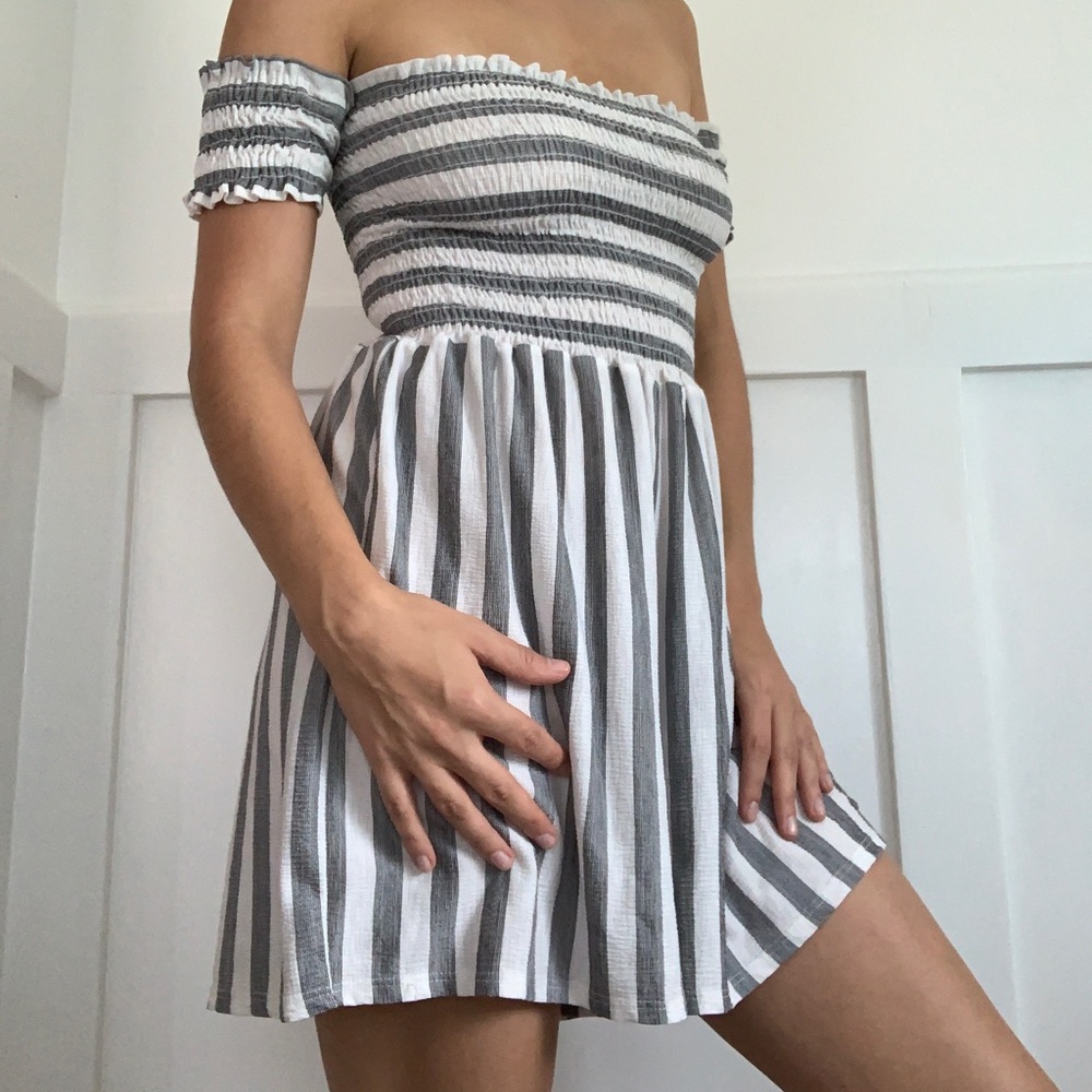 Grey and White Striped Off Shoulder Jumper